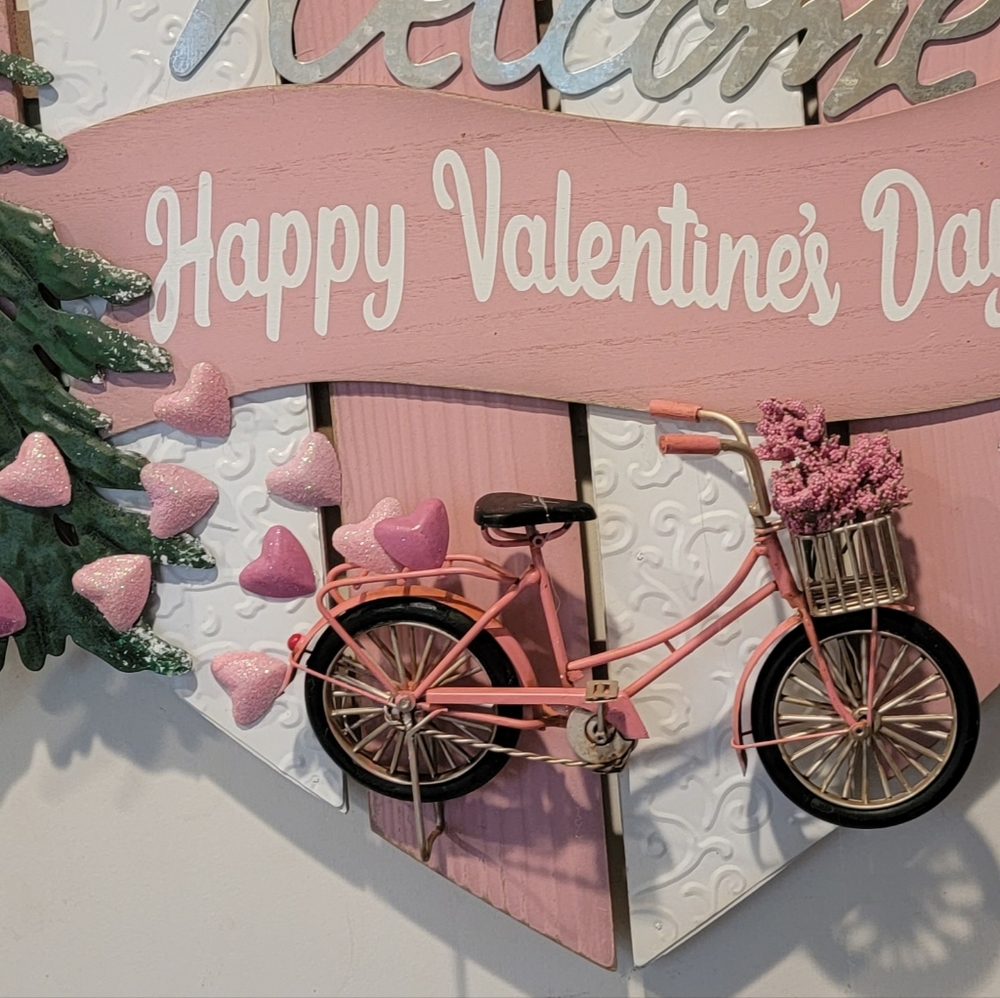 Valentine's Day Bike Adventure Plaque Wall Decor Wreath Pink Wood Tin - Picture 2 of 4